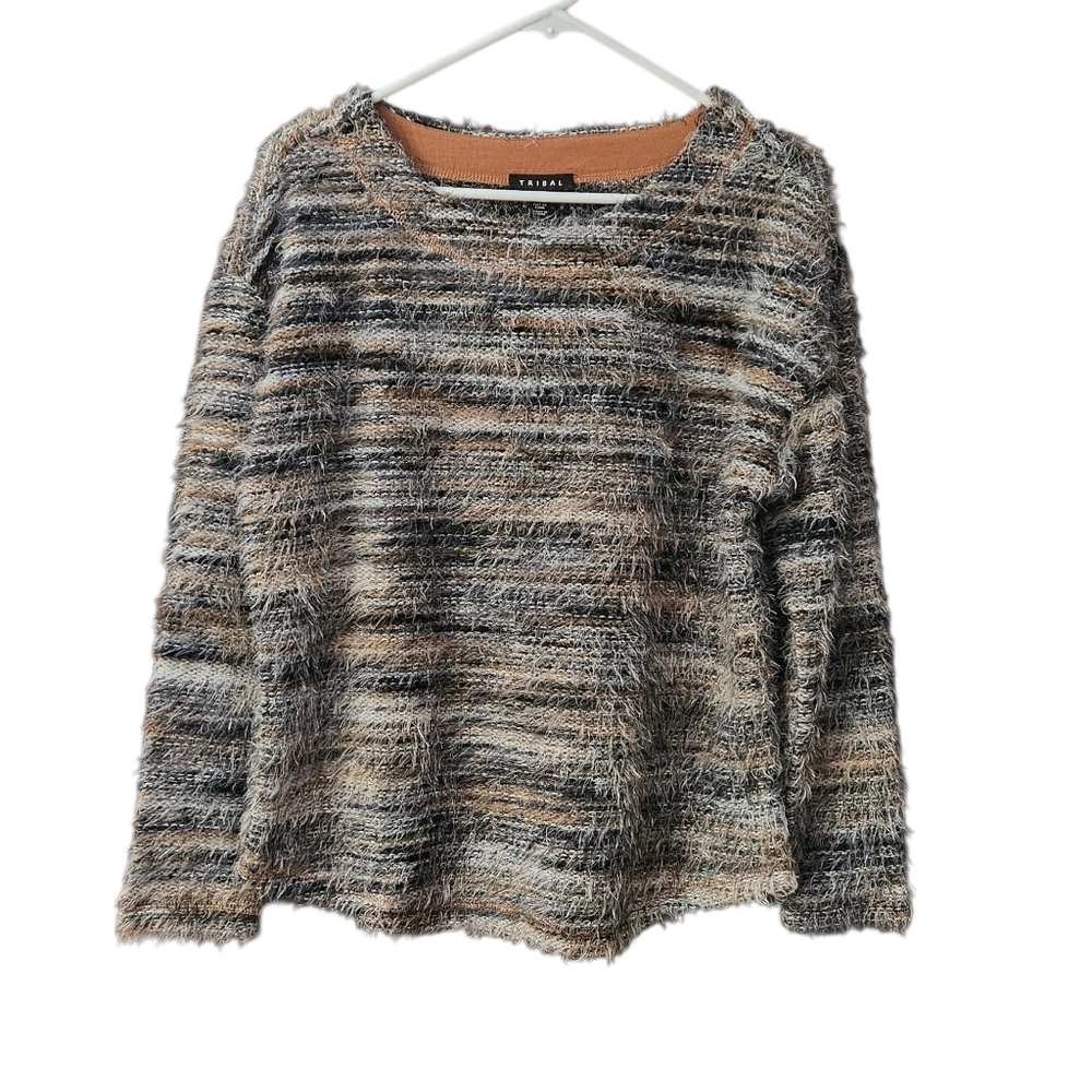 Tribal Multicolor Fuzzy Sweater Eyelash Knit Women's Medium Curved Hem